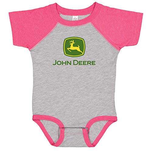 John Deere Baby Girl Logo One Piece Bodysuit Raglan-Oxford/Hot Pink
