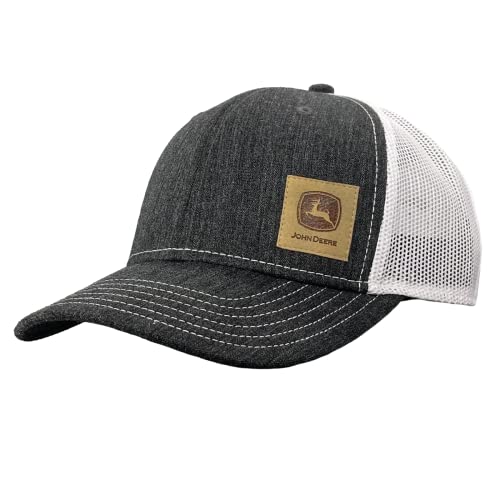 John Deere Men's 6-Panel Black/White Leather Patch Mesh Back Hat - tractorup2