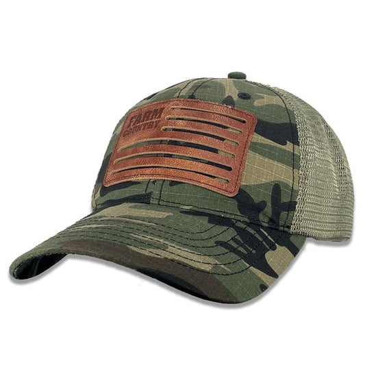 John Deere Men's 6-Panel Traditional Camo Leather Farm Country Flag Patch Mesh Back Hat