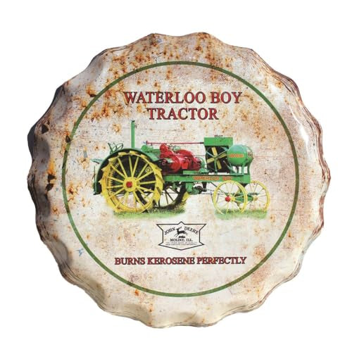 John Deere Waterloo Tractor Scene Metal Tin Sign, Large 21", Bottle Cap Style