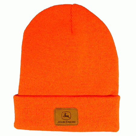 John Deere High Visibility Knit Beanie Hat w/ Leather Patch - tractorup2