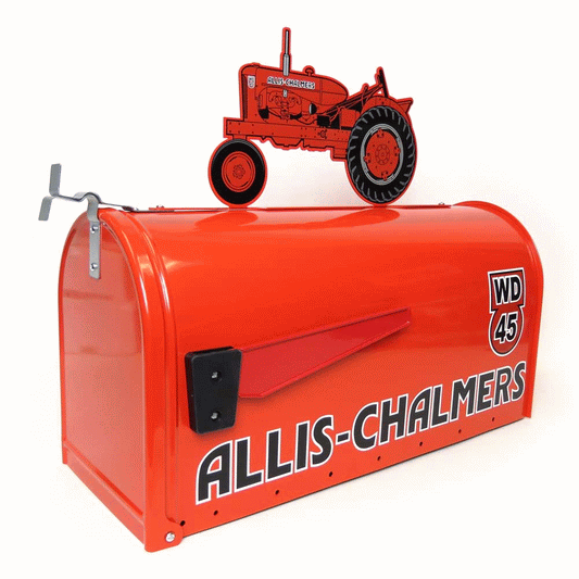 Allis Chalmers Rural Style Mailbox with Tractor Topper - tractorup2