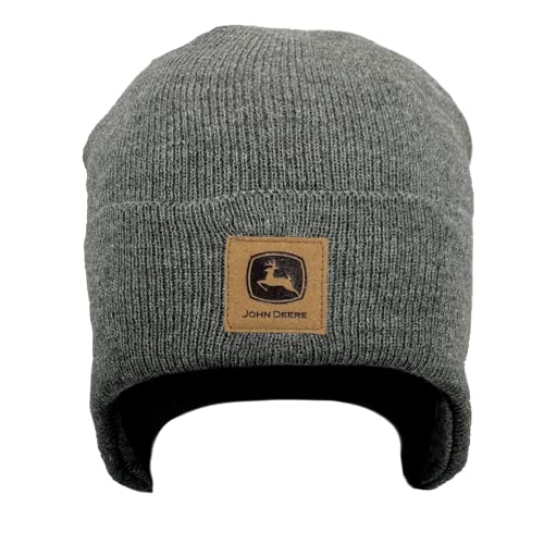 John Deere Leather Patch Logo Beanie Hat with Ear Covering-Charcoal