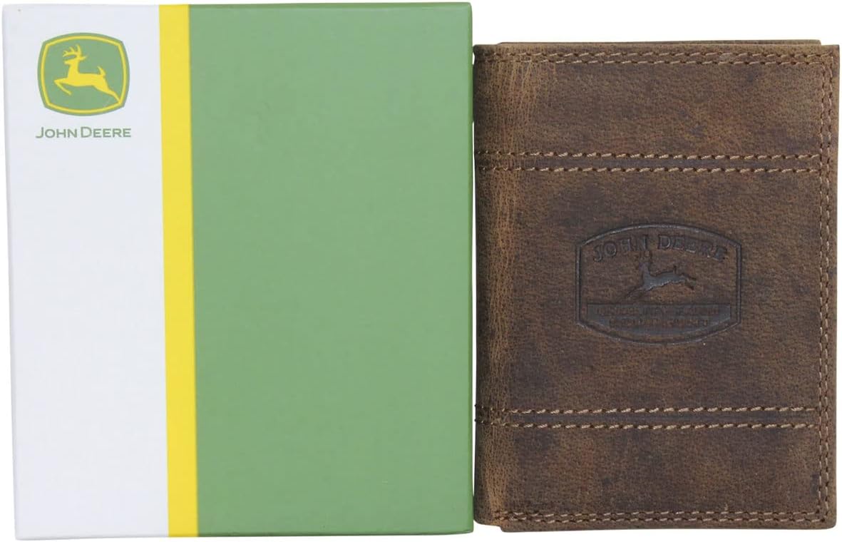 John Deere Men's Access Wallet Trifold Embossed Leather Brown