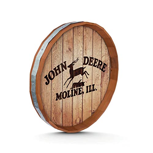 John Deere Wooden Whiskey Barrel Top Sign, 24", Brown