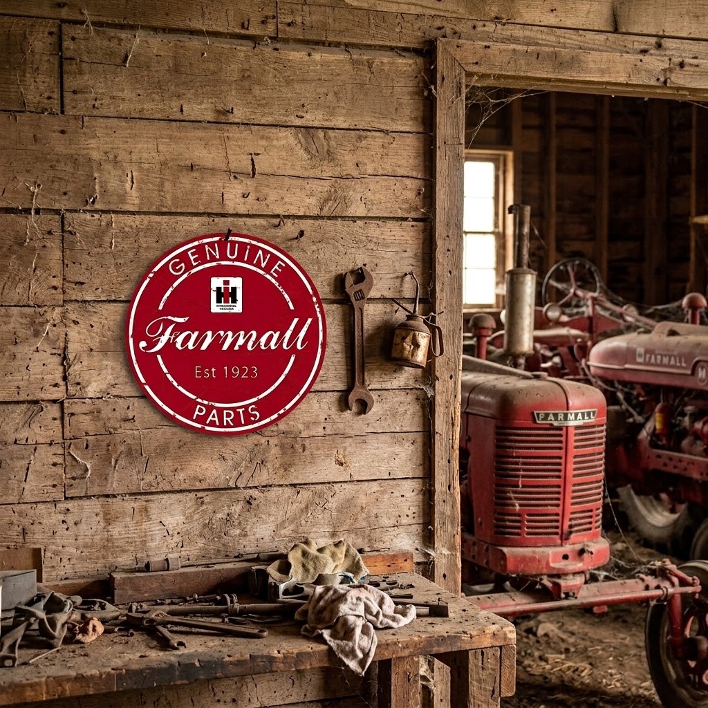 Farmall IH Genuine Parts Dealer Round Tin Sign, Red - tractorup2