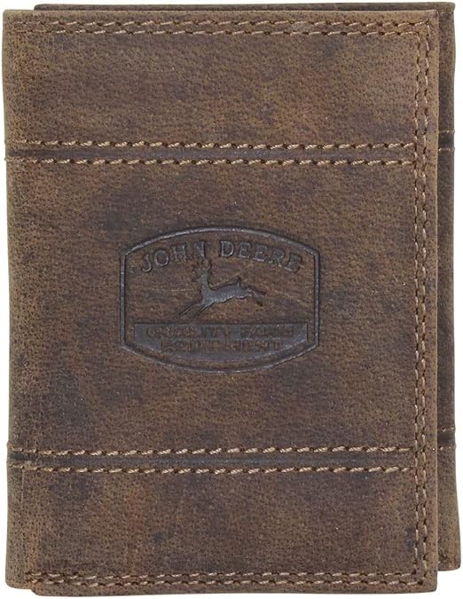 John Deere Men's Access Wallet Trifold Embossed Leather Brown
