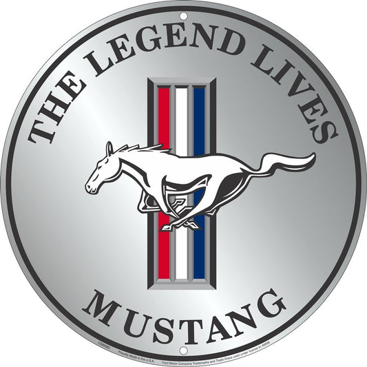 Ford Mustang The Legend Lives Embossed Metal Circular Sign - tractorup2