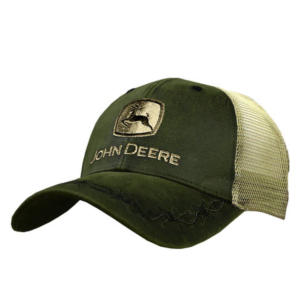 John Deere 6 Panel OilSkin Mesh Back Hat, Olive - tractorup2
